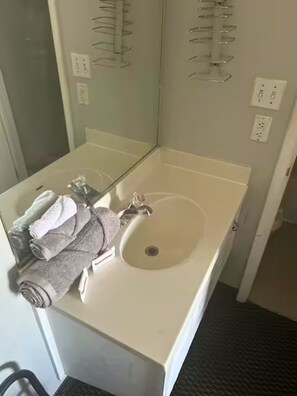 Hair dryer, towels, toilet paper