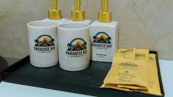 Hair dryer, towels, soap, shampoo