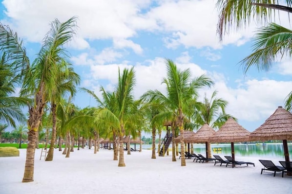 A beach with palm trees and thatched umbrellas, sun loungers, and a clear sky.