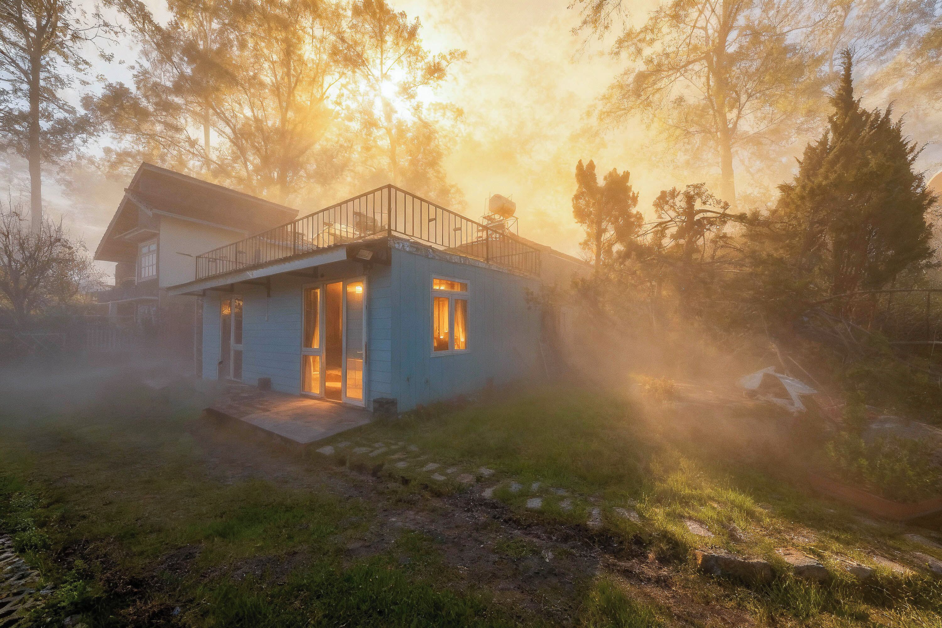 Una casa moderna con balcón, rodeada de árboles y niebla.