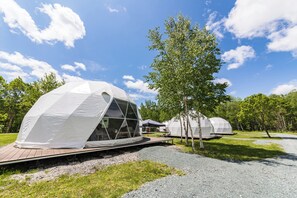 A series of geodesic dome structures in a natural setting with a clear sky. - Gramping Stay Tomamu (Shimukappu)