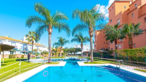Une piscine entourée de palmiers et d’immeubles.