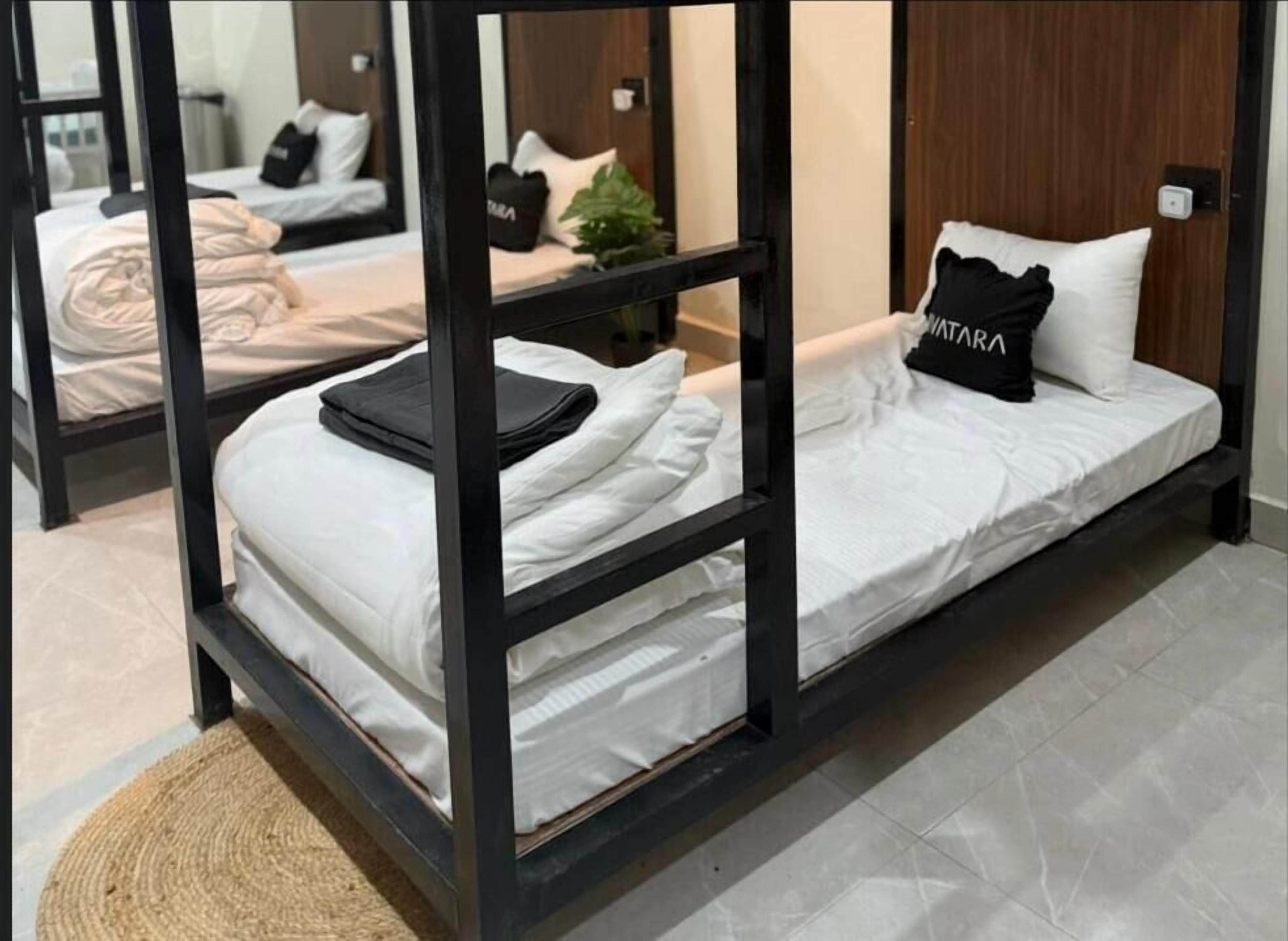 Een moderne hotelkamer met een stapelbed, een klein bureau en een potplant.