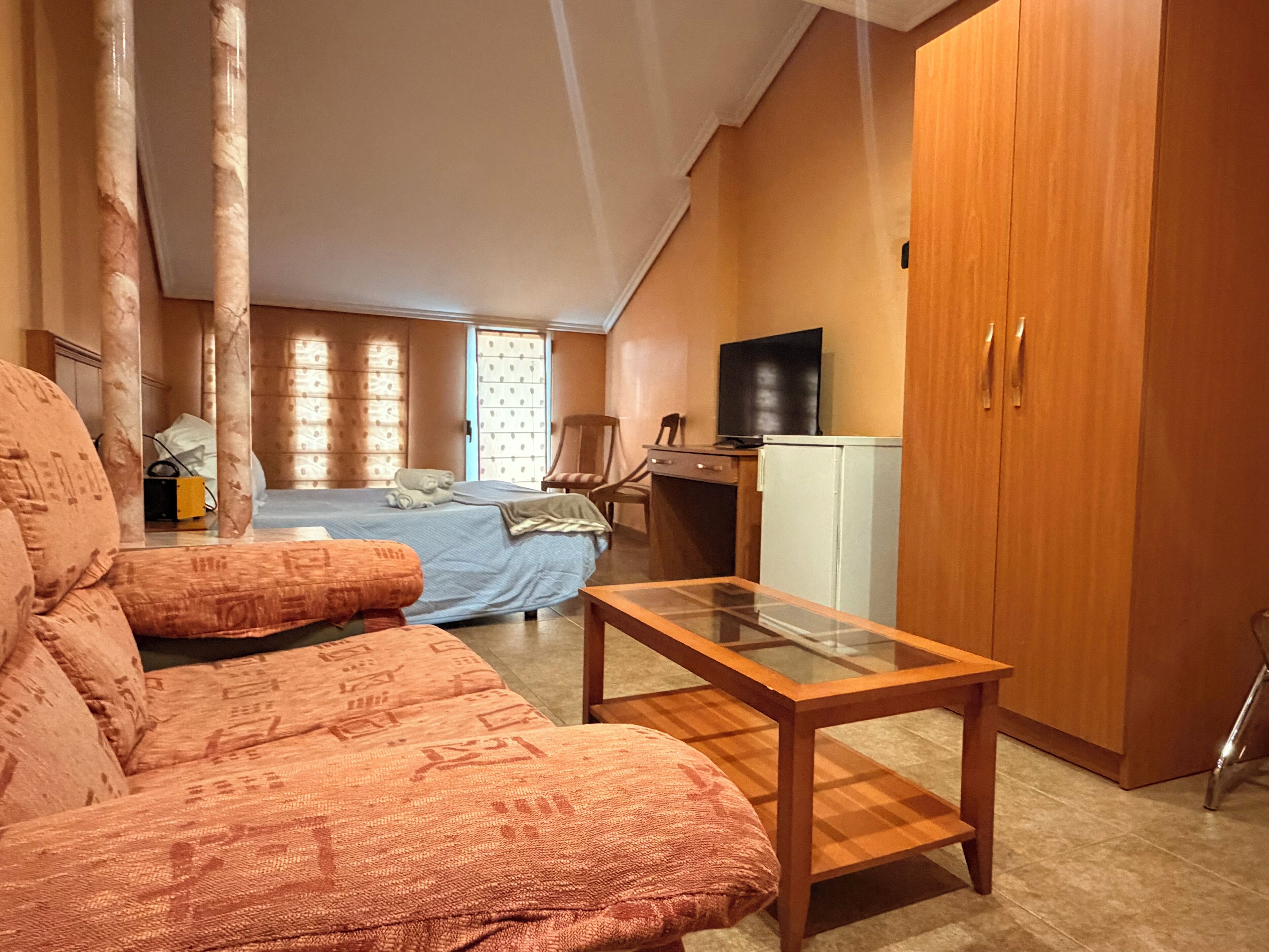 A compact room with a bed, a sofa, a small table, a TV, and a wardrobe.