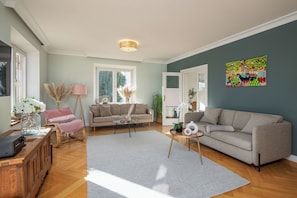 Smart TV, fireplace, DVD player, books