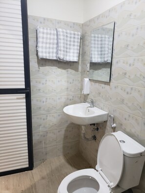 Douche, serviettes fournies, savon, papier toilette