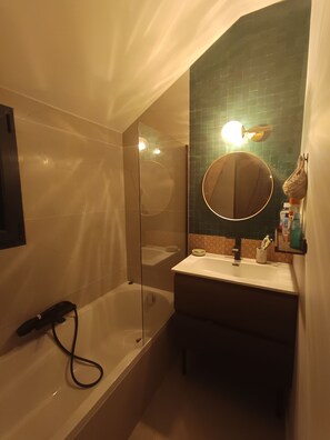 Chuveiro, secador de cabelo, sabonete, papel higiênico