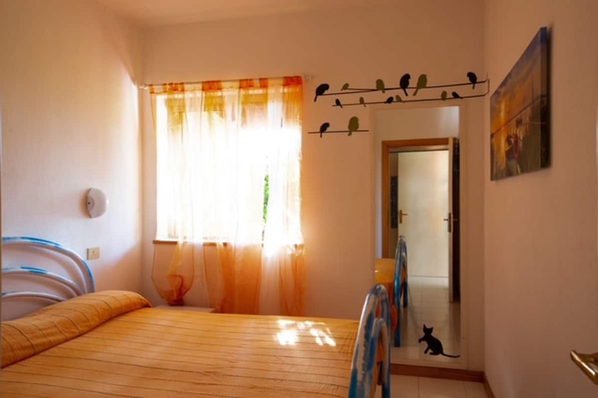 Een slaapkamer met een bed, een raam met gordijnen, een deur, een spiegel en een vogeldecoratie aan de muur.