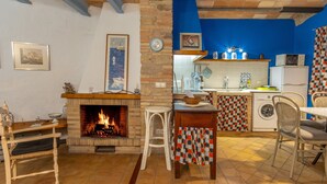 Un salon chaleureux avec une cheminée, un coin repas et une cuisine aux murs bleus et au sol carrelé.