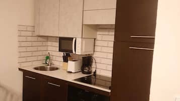 Basic Apartment | Private kitchen | Microwave, oven, stovetop, cookware/dishes/utensils