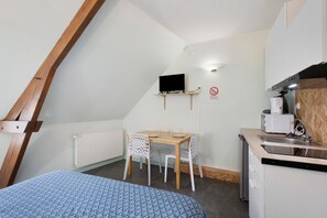 Ein kleiner, gemütlicher Raum mit schrägem Dach, einem Bett mit gemustertem Überwurf, einem Schreibtisch mit Stuhl, einem an der Wand montierten Fernseher, einer Küchenzeile mit Mikrowelle und einem Heizkörper.