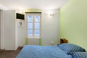 A bedroom with a bed, a window, a radiator, and a television mounted on the wall.