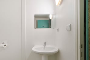 A bathroom with a white sink, a mirror, and a toilet paper holder.