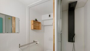 Un bagno con lavandino bianco, uno specchio, una mensola in legno con una pianta, un water e un box doccia.