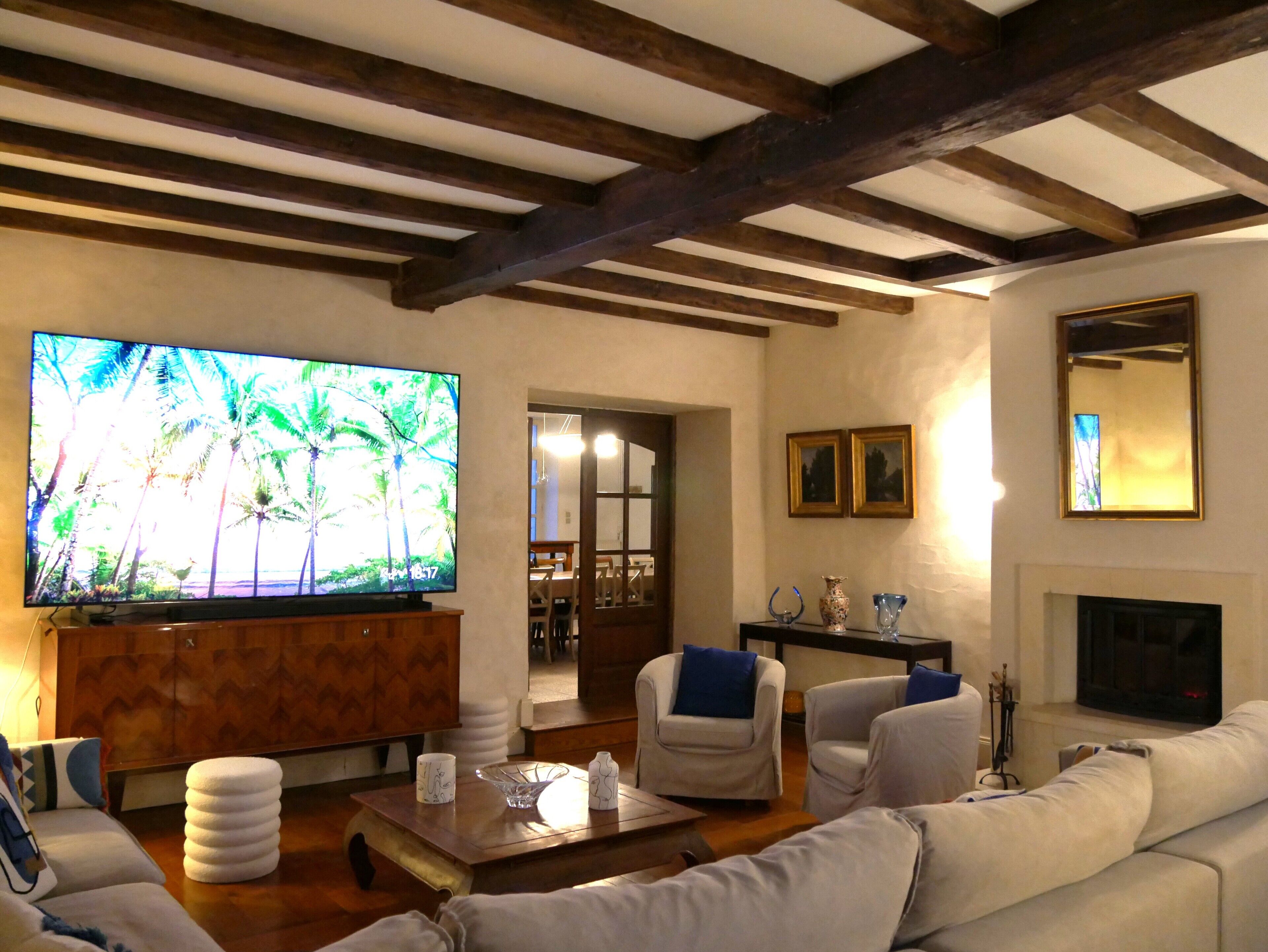 Una Smart TV, una chimenea, videojuegos, un reproductor de DVD
