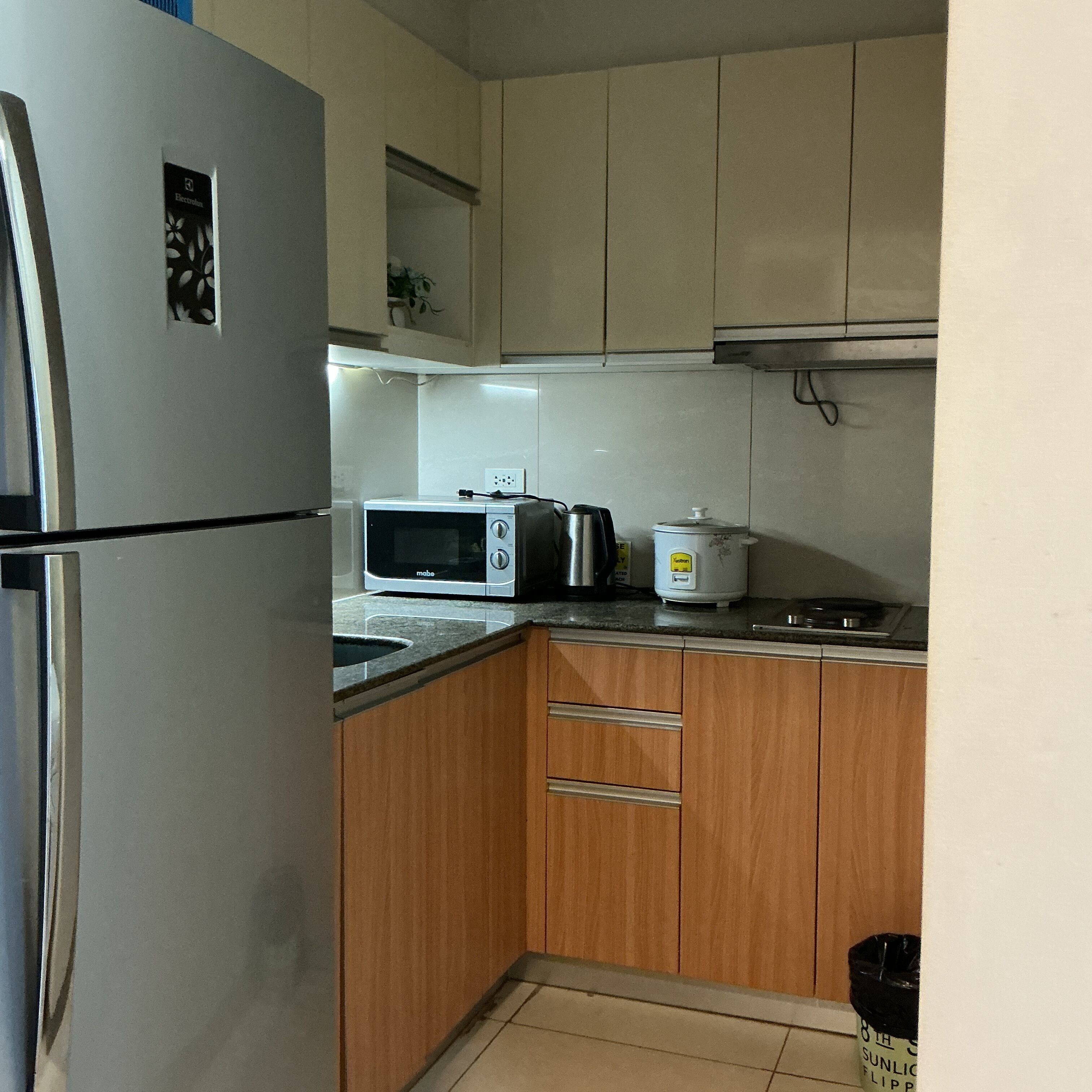 Fridge, microwave, stovetop, electric kettle