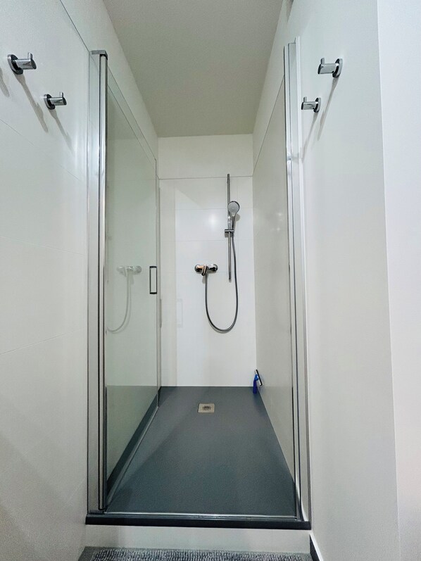 Ein schmaler, abgeschlossener Duschbereich mit Glastür, Brausekopf und Handbrause.