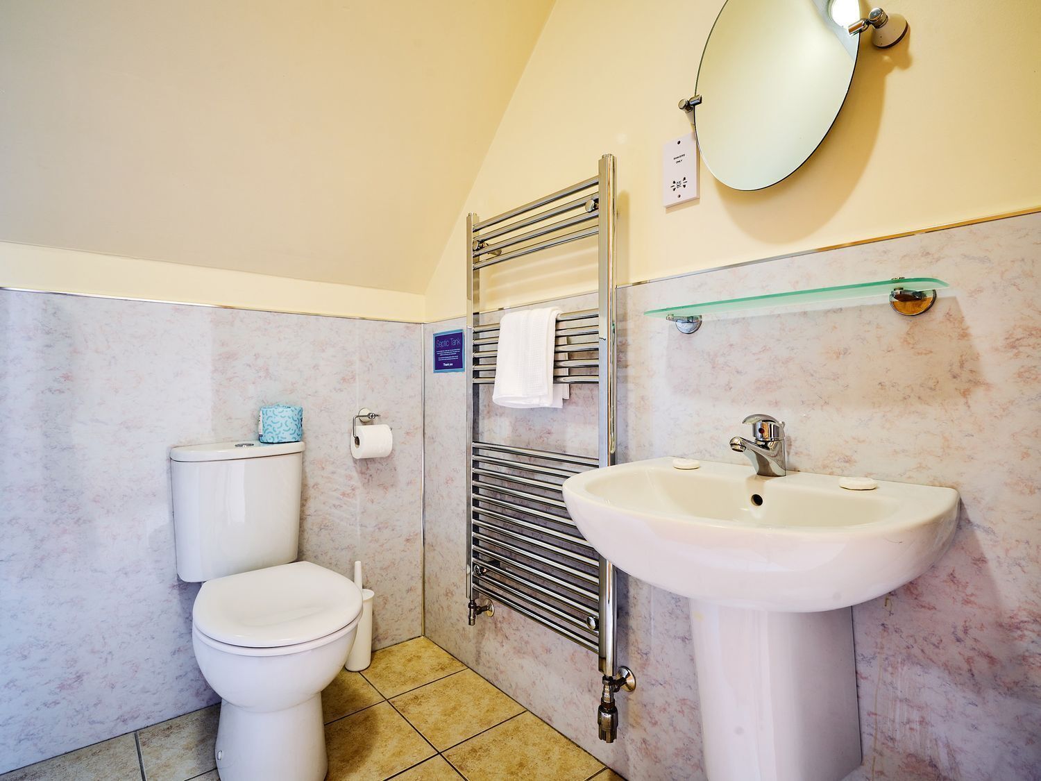 A bathroom with a toilet, a sink, a towel rack, and a mirror.