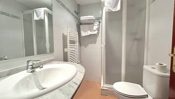 Une salle de bain avec un grand lavabo, des toilettes et une douche.