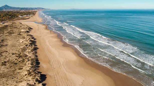 Een kustlandschap met een zandstrand en oceaan.