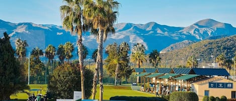 A golf course with palm trees, a clubhouse, and mountains in the background.