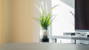 A modern room with a glass vase containing green plants and white pebbles on a table, a flat-screen TV, and a small electronic device. - Anchored in Carmo by Homie (Camara de Lobos)