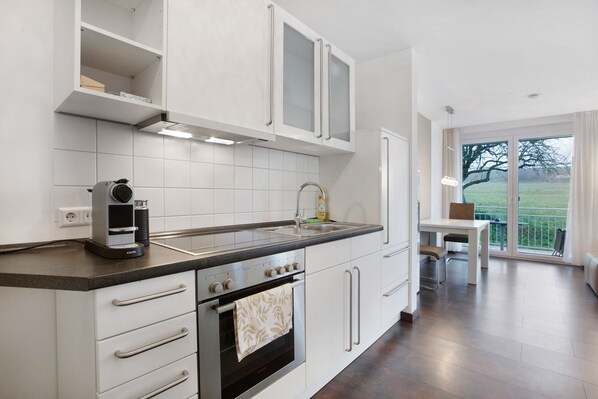 Fridge, oven, stovetop, coffee/tea maker