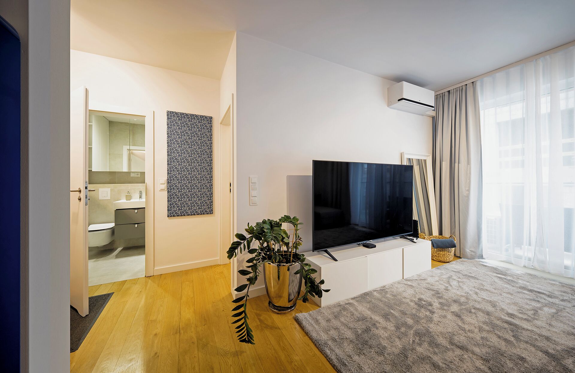 A modern living room with a flat-screen TV, a large potted plant, a grey carpet, and a window with sheer curtains.