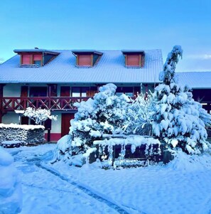 A building with a snow-covered roof and a red exterior. There is a snow-covered bush in the foreground. - Bright duplex 4-6 persons, balcony and private parking, 5 minutes from Colmar (Sainte-Croix-en-Plaine)