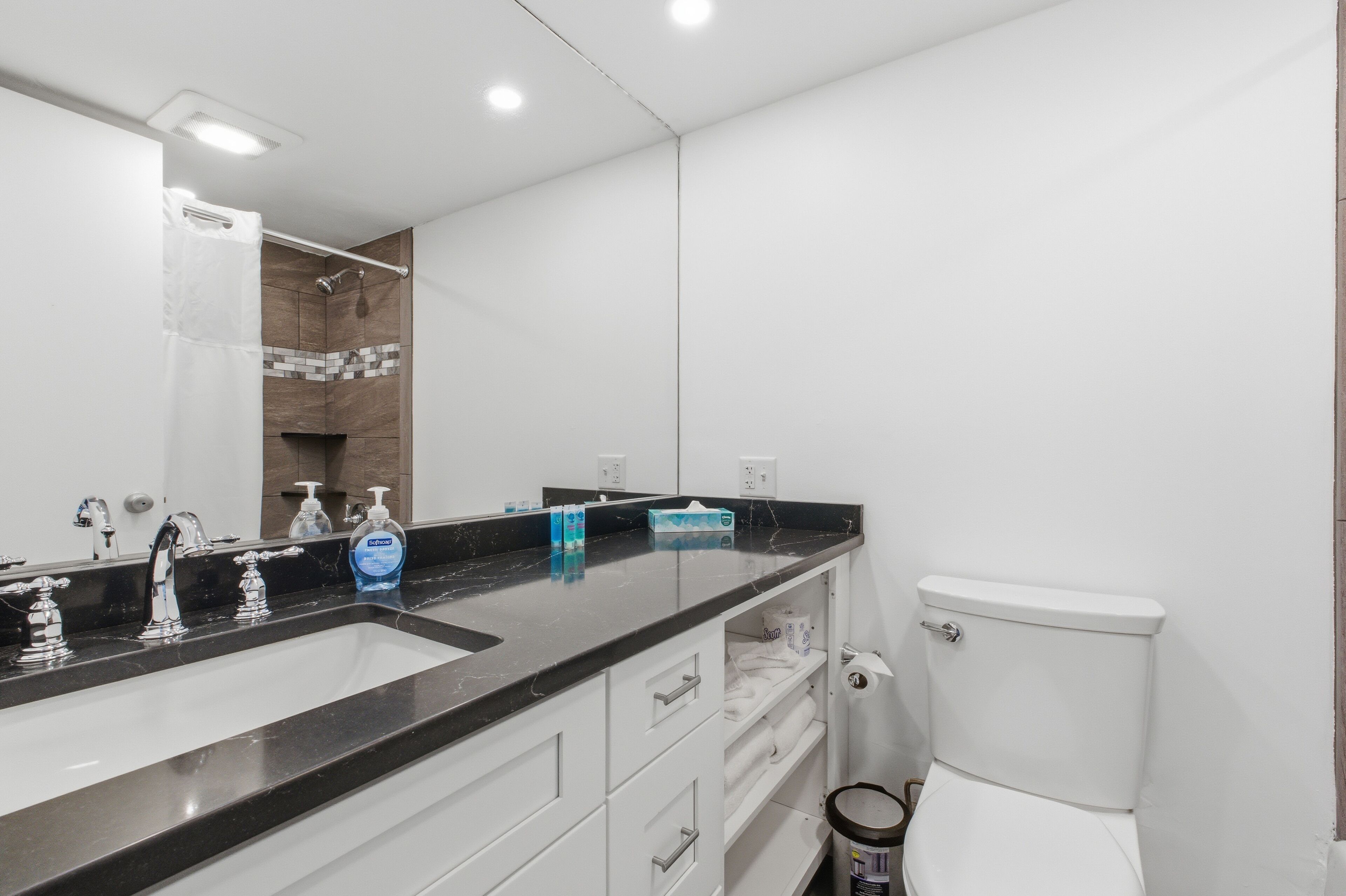 Dusch, hårtork, handdukar och toalettpapper