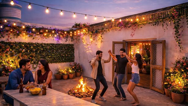 An outdoor patio with a fire pit, string lights, and potted plants. - A Rustic Bamboo-Themed Farmhouse in Jaipur with Swimming Pool & Jacuzzi Escape (Rawlot Nagar)