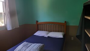 A single bed with a wooden headboard in a room with teal walls and a brown lower half. - Oceana Suites Praia do saco (Mangaratiba)