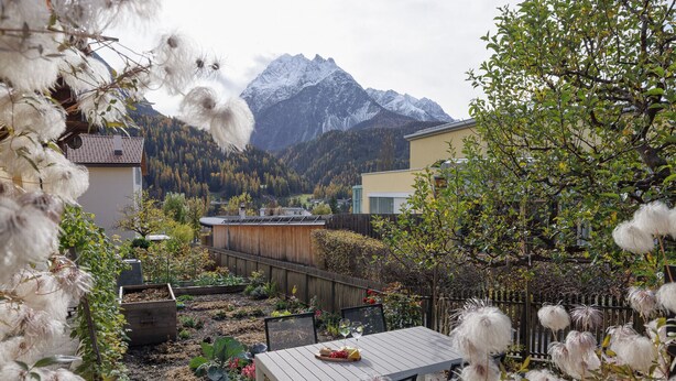 Ein Garten mit Esstisch, umgeben von Pflanzen und Bäumen, mit einem Berg im Hintergrund.