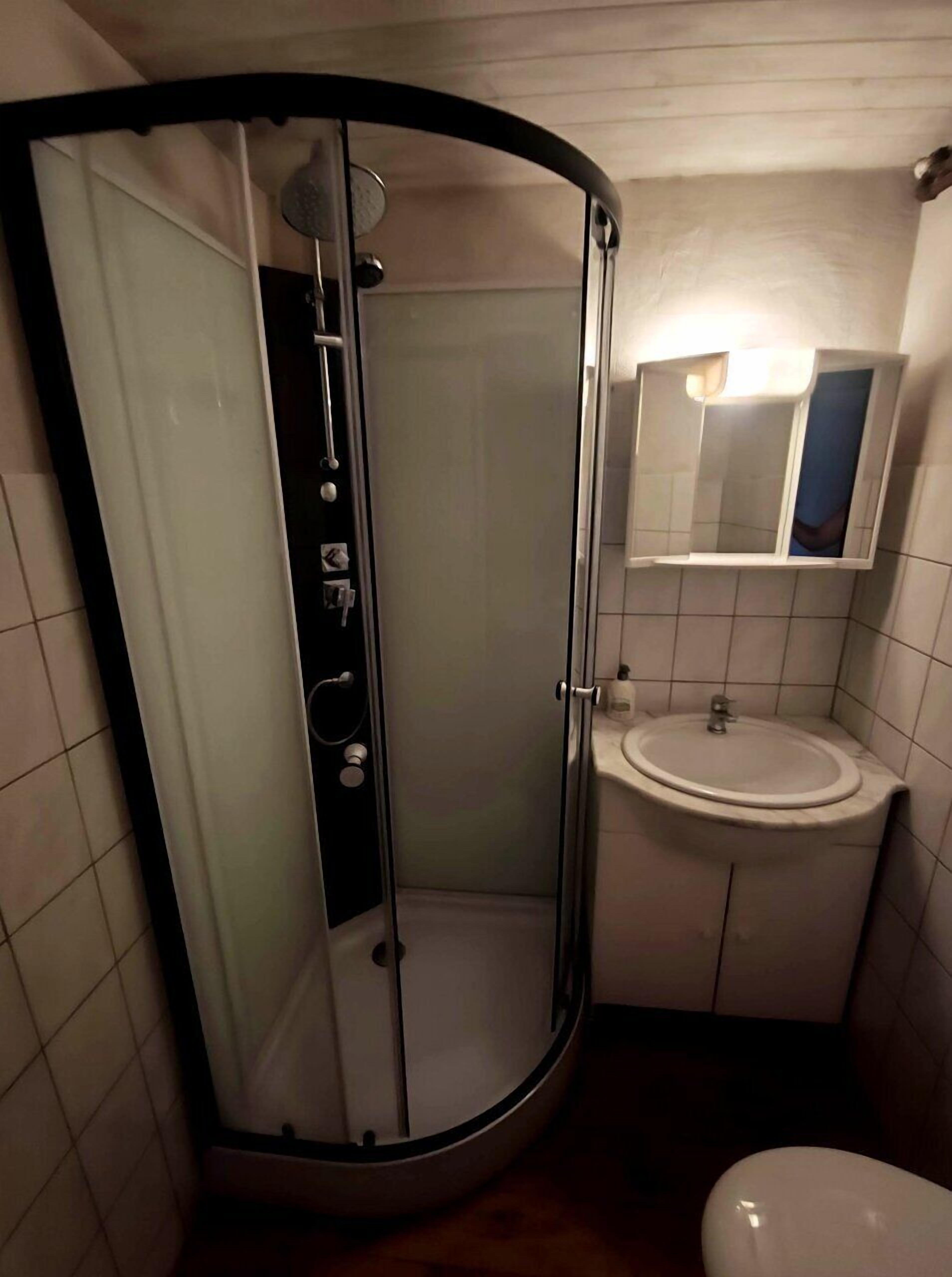 Shower, towels, toilet paper