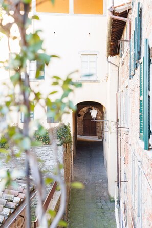Un stretto vicolo con un muro in pietra da un lato e un edificio con persiane verdi dall'altro.
