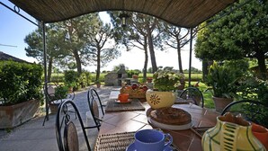 An outdoor patio with a table set for a meal, surrounded by potted plants and trees. - Casa i Pini (Cortona)