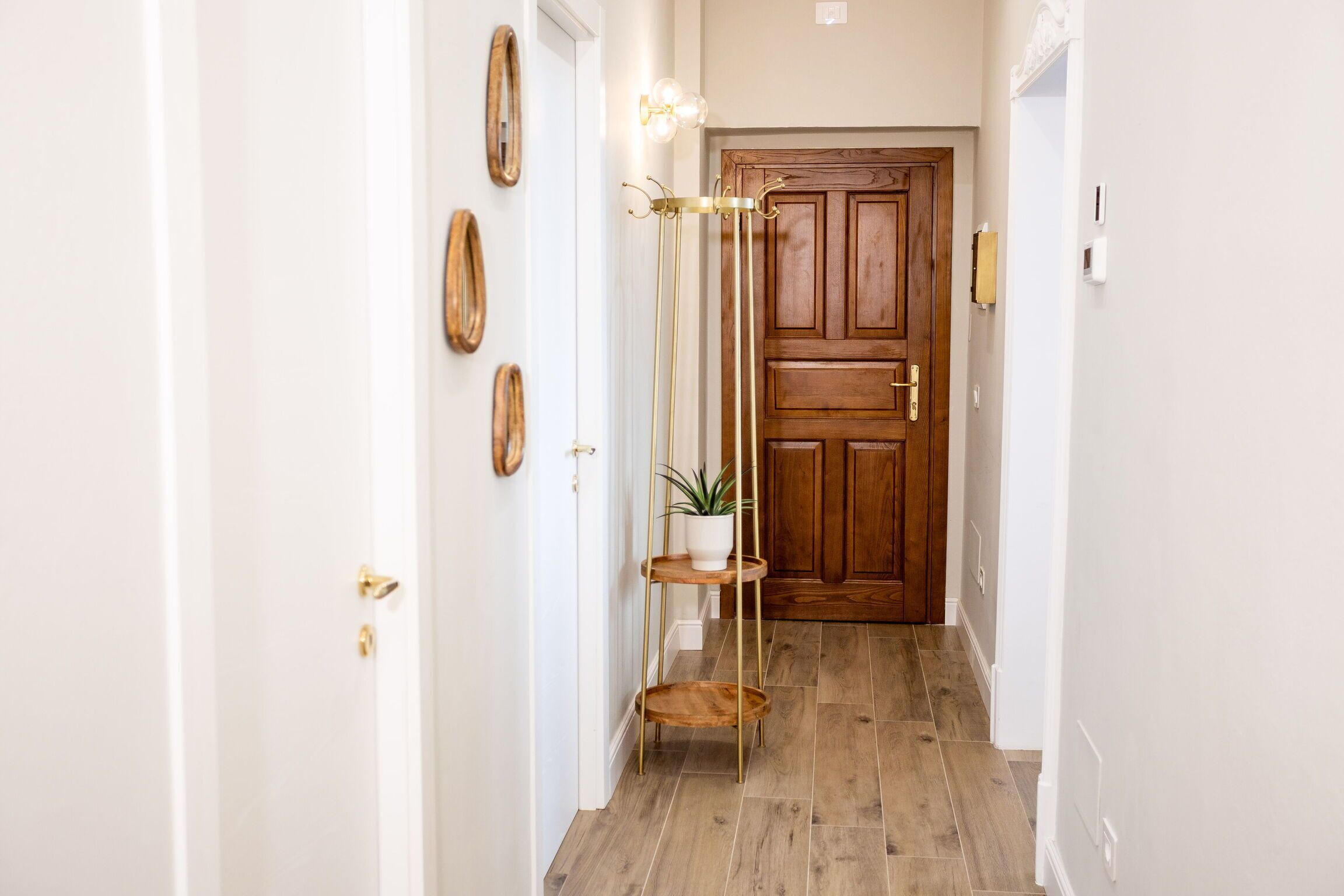 Un couloir avec une porte en bois, un lampadaire et une plante en pot.