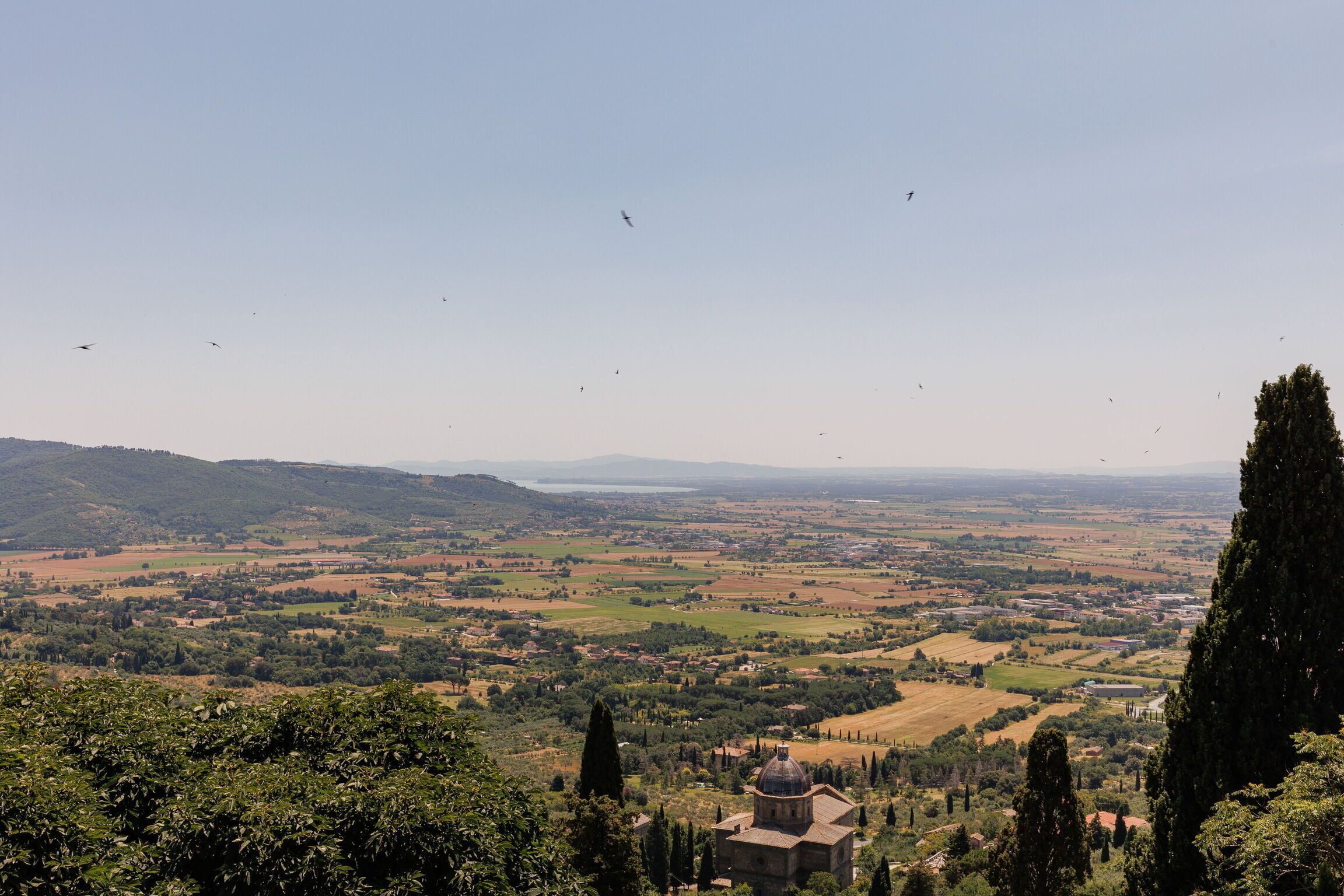 A panoramic view of a landscape with a prominent building featuring a dome, surrounded by rolling hills and fields.
