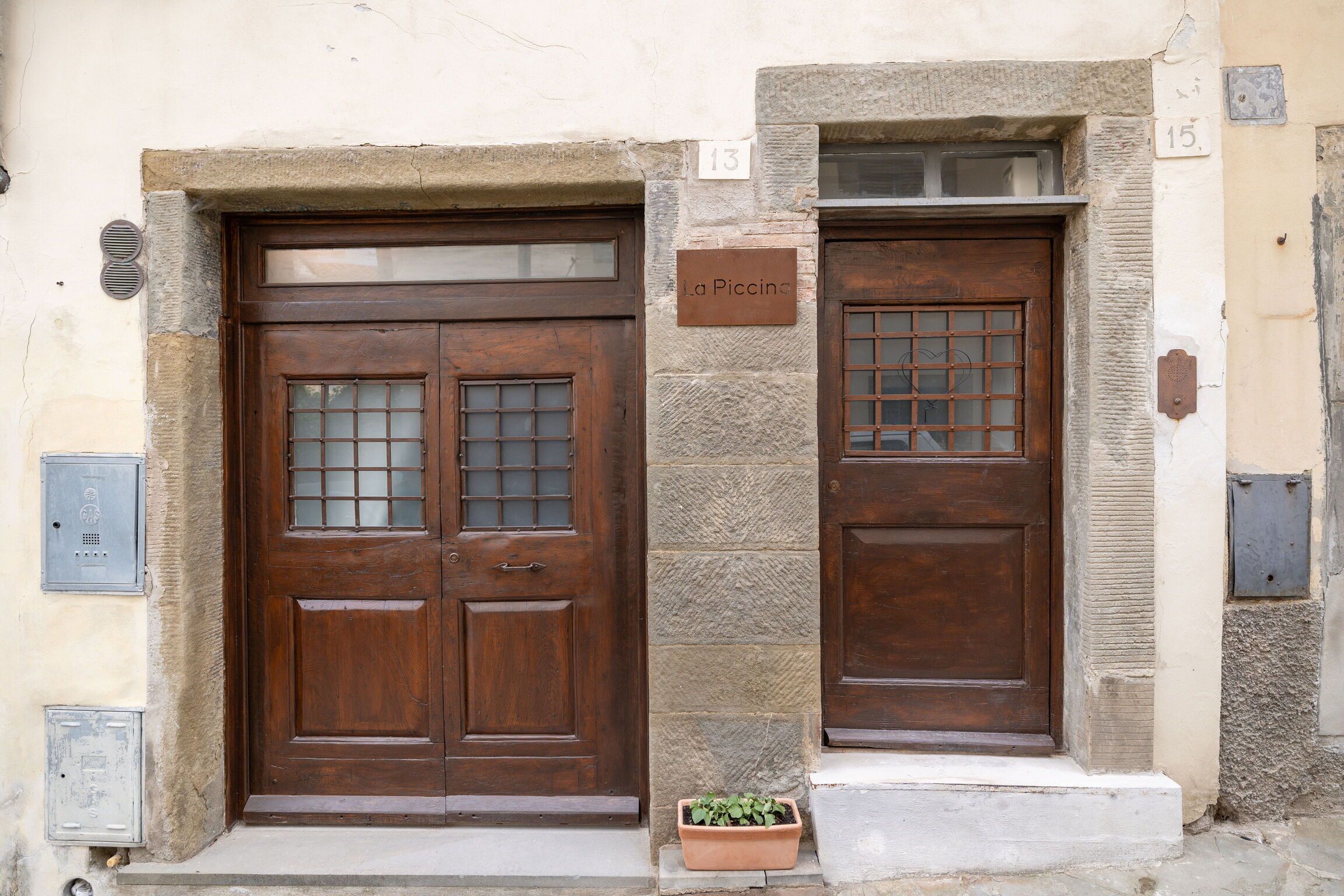 A building with two wooden doors, each with a glass panel and a metal grid. There is a small potted plant on the ground.