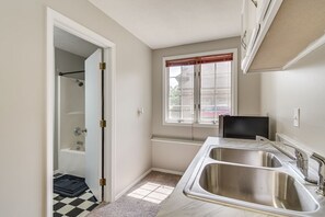 Hair dryer, towels, soap, toilet paper