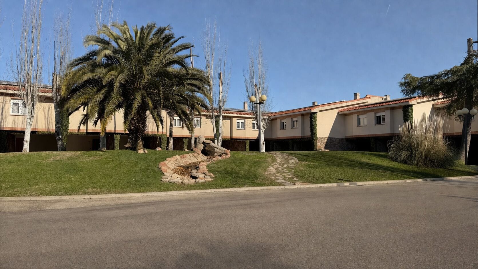 Una calle residencial con casas, una palmera y un camino de piedra.