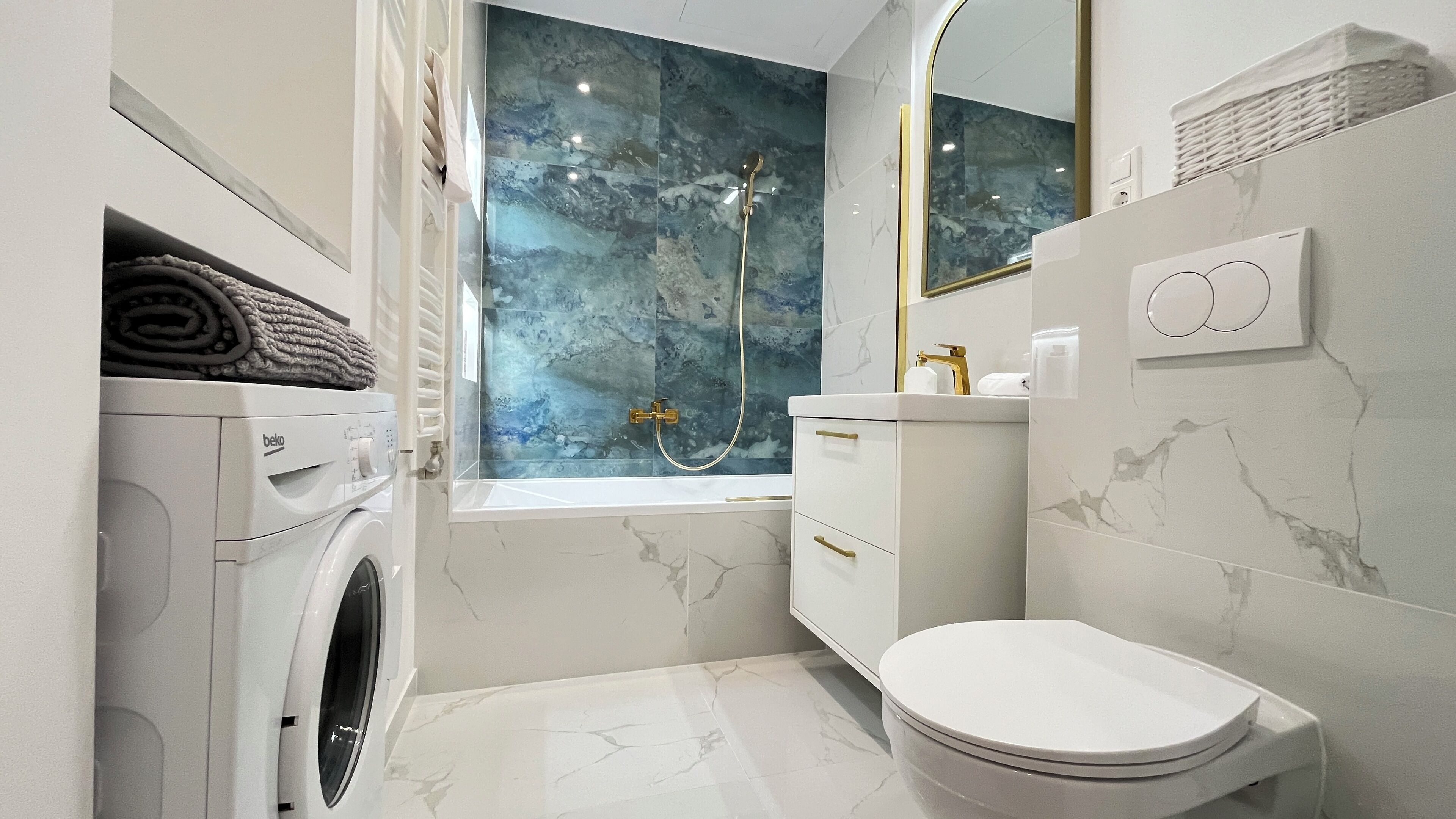 Hair dryer, towels, soap, toilet paper