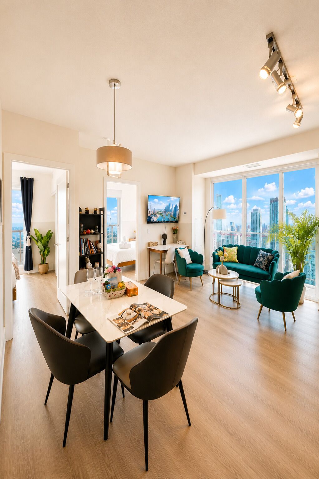 A modern living room with a dining area, a sofa set, and a city view.