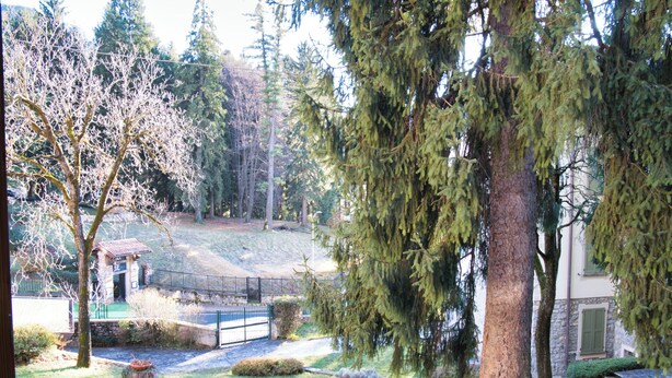 A serene outdoor setting with a stone building, a wooden fence, and a variety of trees.