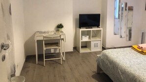Ett sovrum med en säng, ett skrivbord, en tv och en liten växt.