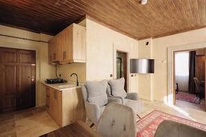 A compact living space with a kitchenette, a sofa, a flat-screen TV, and a wooden ceiling.