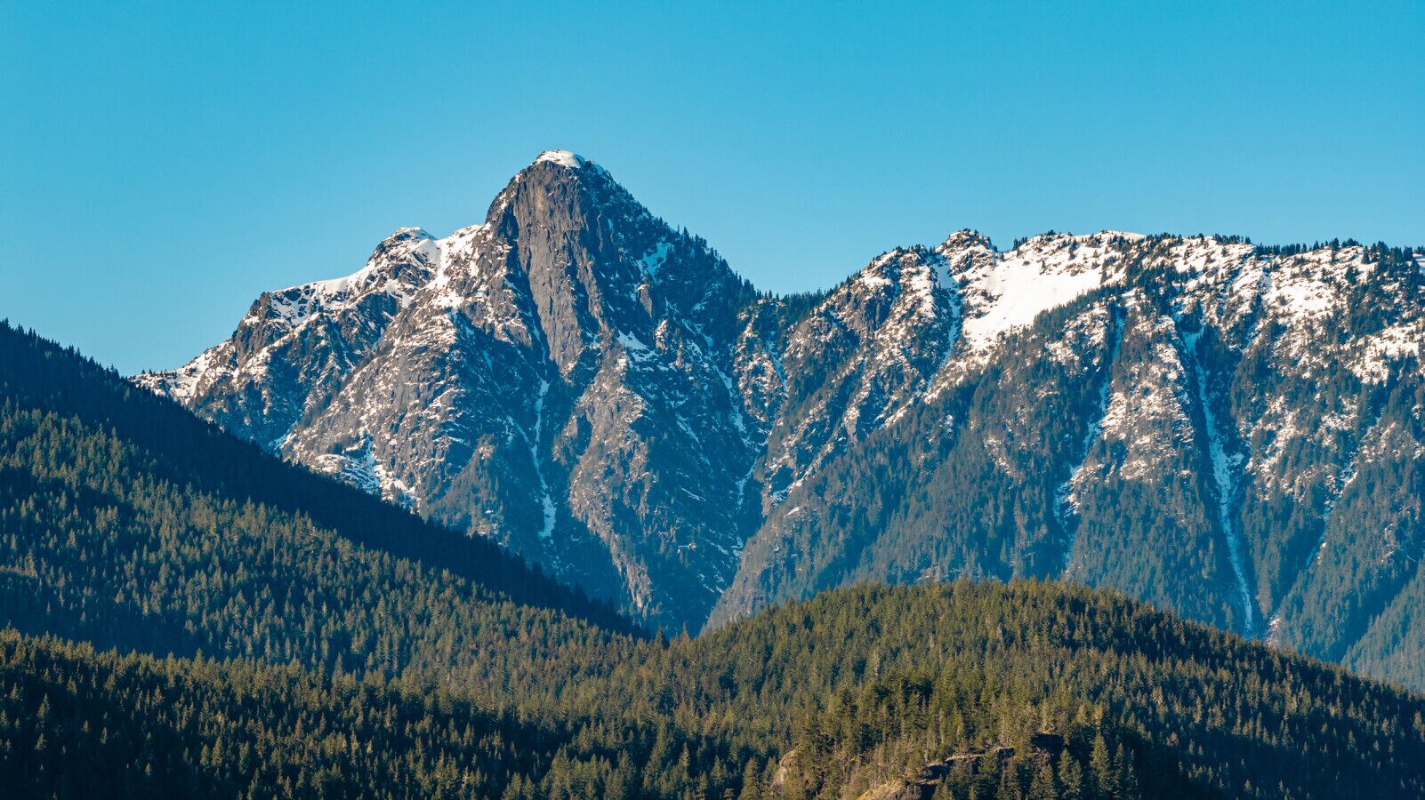 A mountain landscape with snow-capped peaks and dense forested valleys.