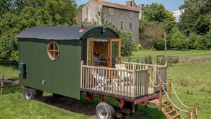 Ein grünes Mobilheim mit Holzterrasse und kleiner Veranda.