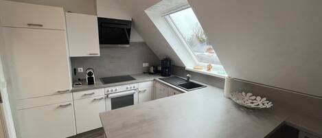 Een koelkast, een oven, een kookplaat, een vaatwasser