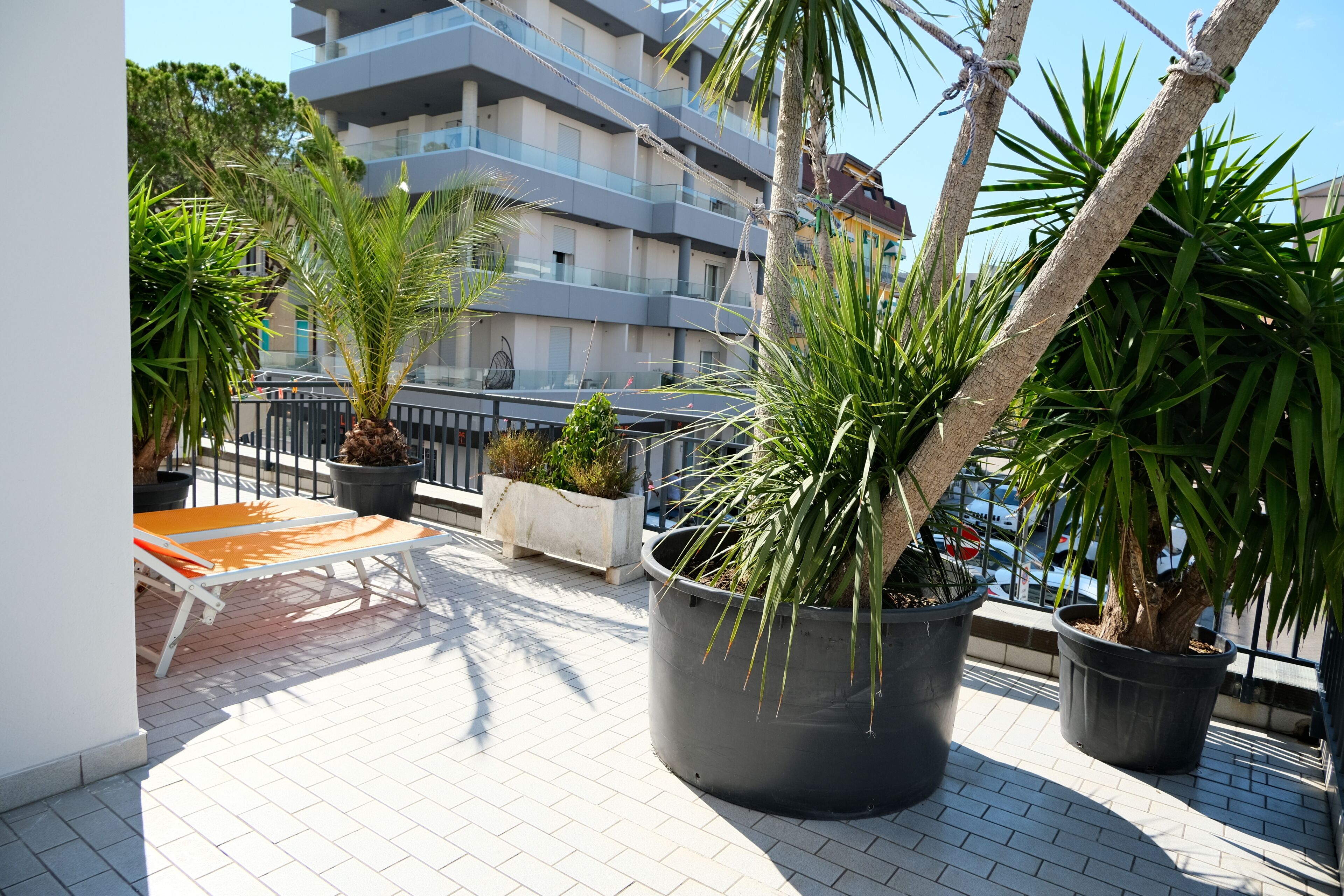 A balcony with potted plants, a seating area, and a view of a multi-story building.